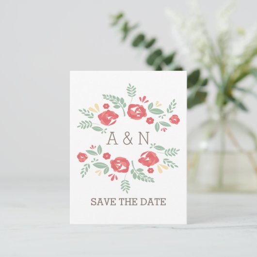 Rotes Land Floral Monogramm Save the Date Postkart Ankündigungspostkarte (Stehend Vorderseite)