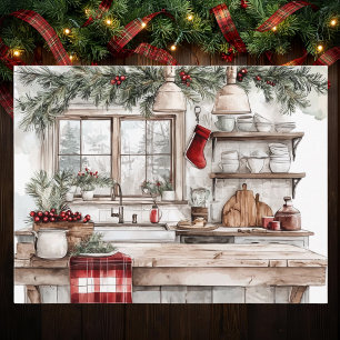 Rotes Land Weihnachts-Farmhaus-Küche Feiertagspostkarte