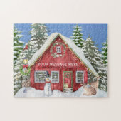 Rotes Landhaus Schnee-Urlaubsszene Personalisiert Puzzle (Horizontal)