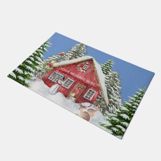 Rotes Landhaus Schneeerlebnis Szene Fußmatte (Schrägansicht)