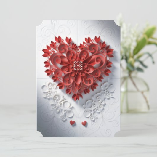 Rotes Laserschneiden Papier Herz mit Initialen im  Einladung (Stehend Vorderseite)