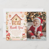 Rotes Lebkuchenhäuschen-Geburtstagsfeier-Foto Dankeskarte (Vorderseite)