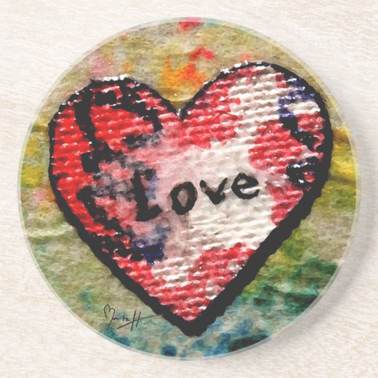 Rotes Leinwand-Herz mit Liebe Sandstein Untersetzer (Vorne)