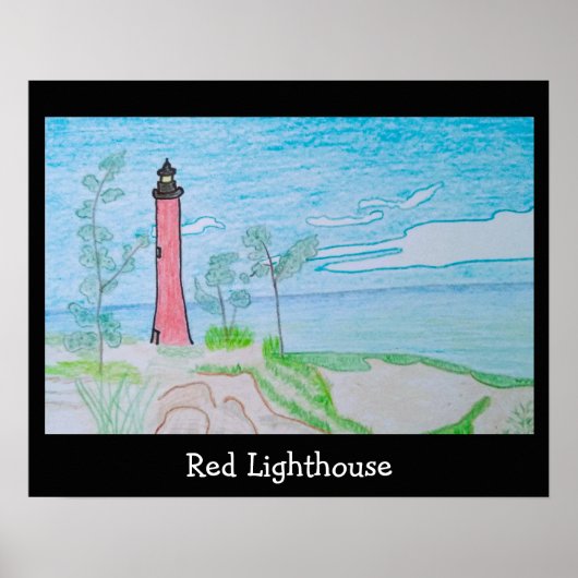 Rotes Leuchtturmhaus am Strand Poster (Vorne)