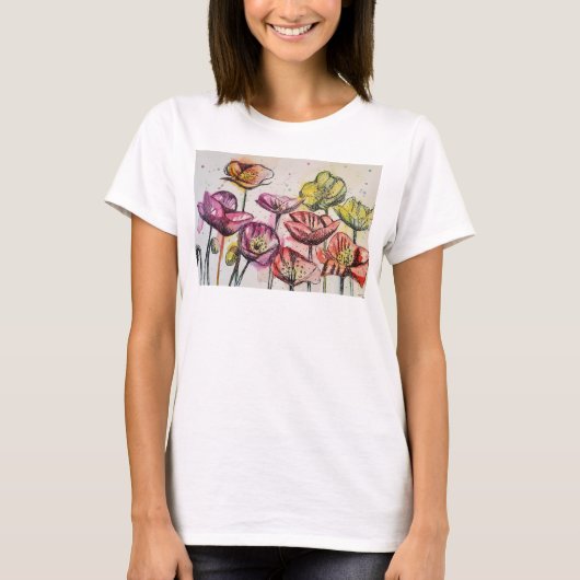 Rotes Lila rosa Mohnblumen Wasserfarben Kunst T-Shirt (Vorderseite)