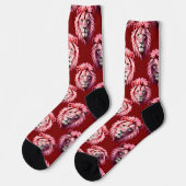 Rotes Löwenkopf-Design mit rosa Akzenten Socken (Linkes Detail)