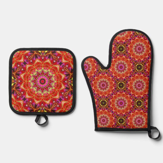 Rotes MANDALA Ofenhandschuh & Topflappen-Set (Vorderseite)