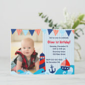 Rotes Marineblau der Seejungengeburtstagseinladung Dankeskarte (Stehend Vorderseite)