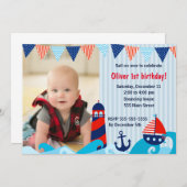 Rotes Marineblau der Seejungengeburtstagseinladung Dankeskarte (Vorne/Hinten)