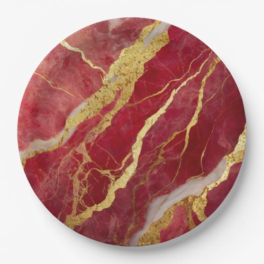 rotes Marmormuster mit Gold Pappteller (Vorderseite)