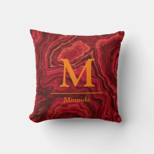 Rotes Marmororange Monogramm und Name personalisie Kissen