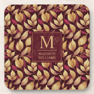 Rotes Marone Gold Glitter Herbstlaub Muster Getränkeuntersetzer