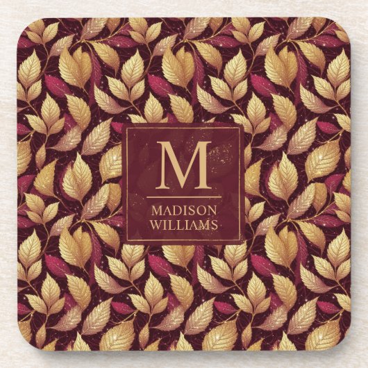 Rotes Marone Gold Glitter Herbstlaub Muster Getränkeuntersetzer (Vorderseite)