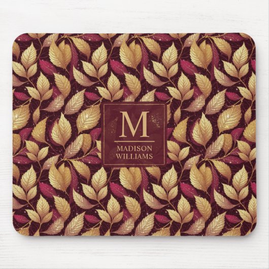 Rotes Marone Gold Glitter Herbstlaub Muster Mousepad (Vorne)