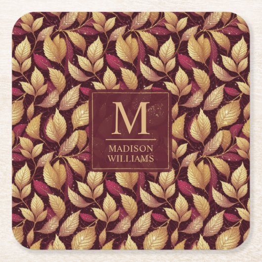 Rotes Marone Gold Glitter Herbstlaub Muster Rechteckiger Pappuntersetzer (Vorderseite)
