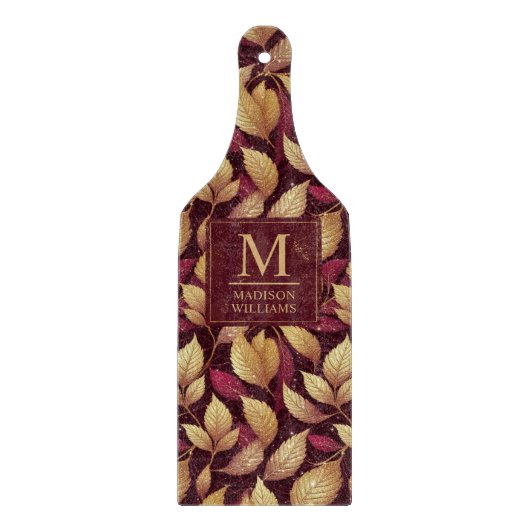Rotes Marone Gold Glitter Herbstlaub Muster Schneidebrett (Vorderseite)