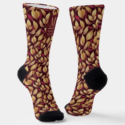Rotes Marone Gold Glitter Herbstlaub Muster Socken (Gewinkelt)