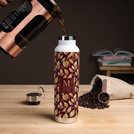 Rotes Marone Gold Glitter Herbstlaub Muster Trinkflasche (Kaffee (gedreht))