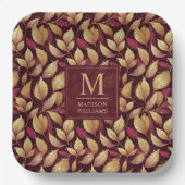 Rotes Maroon-Gold-Glitter-Herbstblätter-Muster Pappteller (Vorderseite)