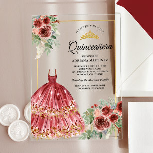 Rotes Marsala-Blumenkleid Gold Quinceanera Acryleinladungen