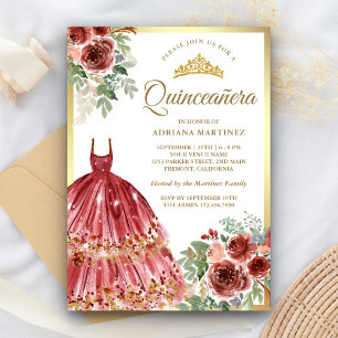 Rotes Marsala-Blumenkleid Gold Quinceanera Einladung