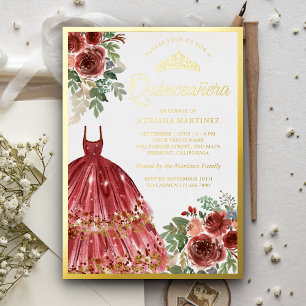 Rotes Marsala Florales Kleid Quinceanera Gold Folieneinladung