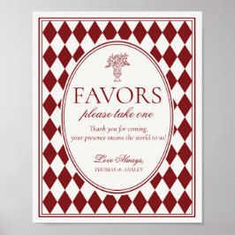 Rotes Merlot-Harlekin-Karo-Hochzeitsgunst-Schild Poster