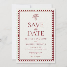 Rotes Merlot-Harlekin-Karo Save-the-Date Einladung