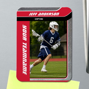 Rotes Metall-Lacrosse-Spieler-Foto Magnet