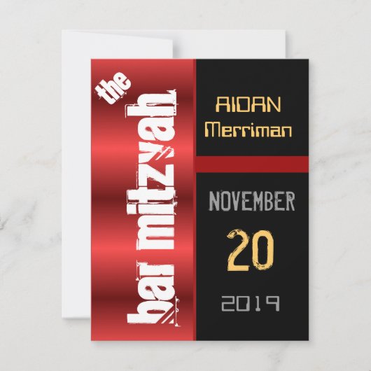 Rotes Metallisches Schwarzes Bat Mitzvah Bar Mitzv Einladung (Vorderseite)