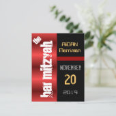 Rotes Metallisches Schwarzes Bat Mitzvah Bar Mitzv Einladung (Stehend Vorderseite)