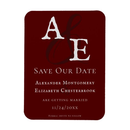 Rotes Minimalistisches Monogramm Save the Date Magnet (Vertikal)