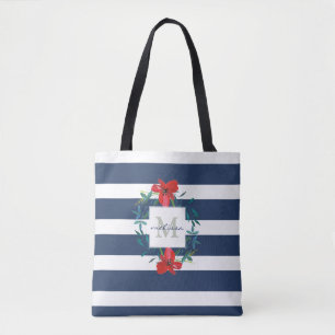 Rotes Mit Blumenblaues u. Weiß Stripes Monogramm Tasche
