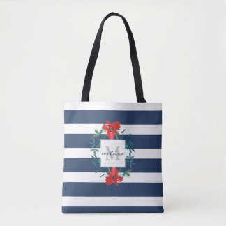 Rotes Mit Blumenblaues u. Weiß Stripes Monogramm Tasche