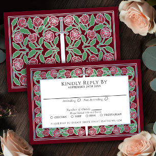 Rotes mittelalterliches silbernes florales Schwert RSVP Karte