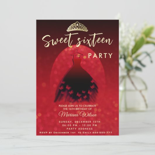 Rotes Modern Spotlight Schmetterlingskleid Tiara Einladung (Stehend Vorderseite)