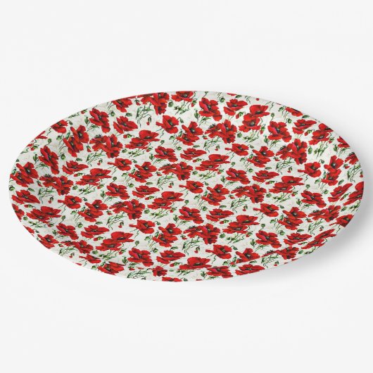 Rotes Mohn-Design Pappteller (Schrägansicht)
