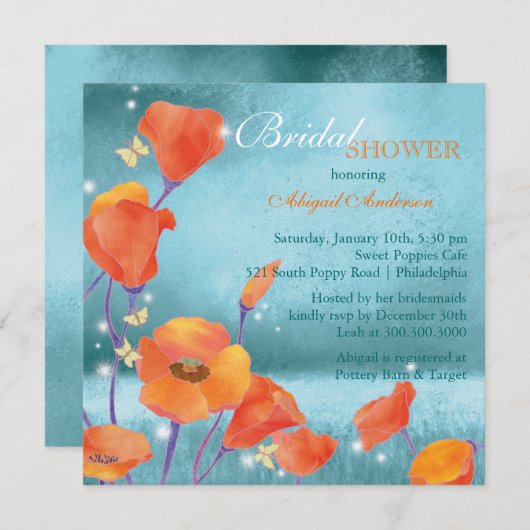 Rotes Mohn Türkisfarbenes Brautparty Einladung (Vorne/Hinten)