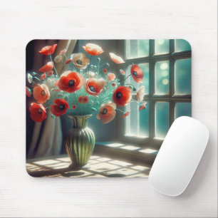 Rotes Mohnblumenbouquet in einem sonnigen Fenster Mousepad