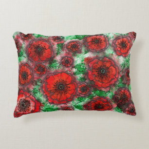 Rotes Mohnfeld Aquarell Botanische Linienkunst Fl Dekokissen