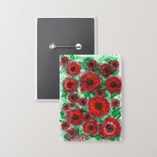 Rotes Mohnfeld Wasserfarbe Botanische Linienkunst  Button (Vorderseite/Rückseite)