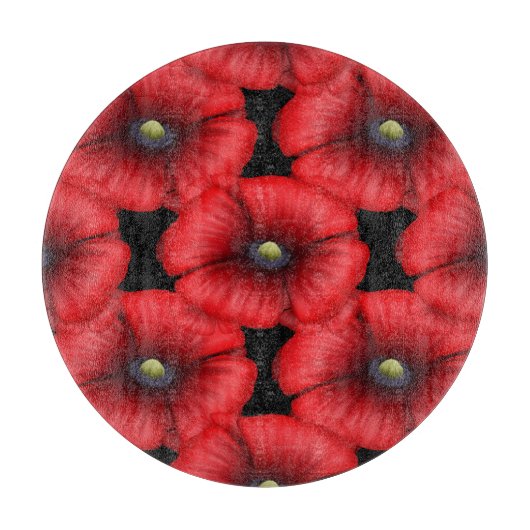 Rotes Mohnmuster Rund Schwarzes Glas Schneidebrett (Vorderseite)