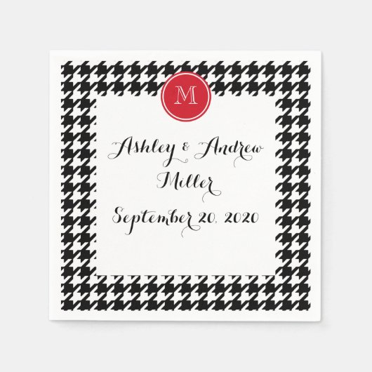 Rotes Monogramm aus schwarzem Hahnentrittmuster Serviette (Vorderseite)
