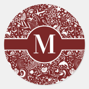 Rotes Monogramm erstes Ocean Muster Classic Runde Runder Aufkleber