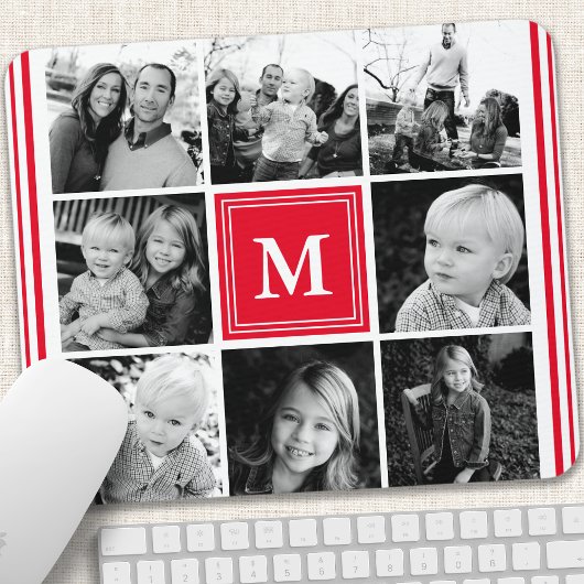 Rotes Monogramm-Familienfoto-Collage Mousepad
