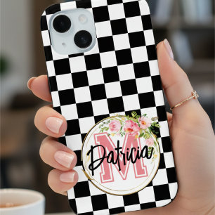 Rotes Monogramm Floral Chic Schwarz-Weiß-Schachbre Case-Mate iPhone Hülle
