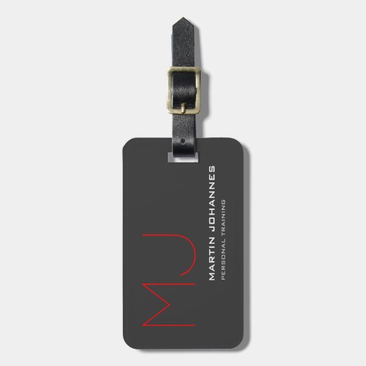 Rotes Monogramm Grau Modernes Minimalistisch Gepäckanhänger (Vorderseite vertikal)