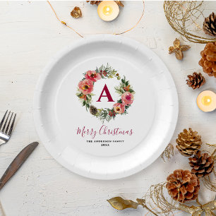 Rotes Monogramm Grünzeug Rosa Kranz Weihnachten Pappteller