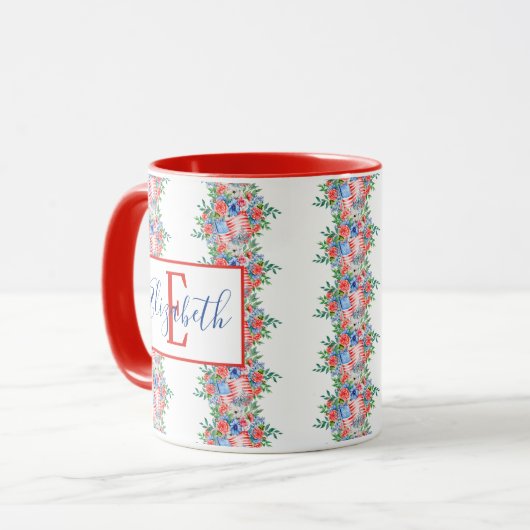 Rotes Monogramm mit weißem und blauem Namen, 4. Ju Tasse (Vorderseite Links)