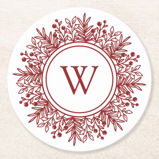 Rotes Monogramm Weihnachten Runder Pappuntersetzer (Vorderseite)